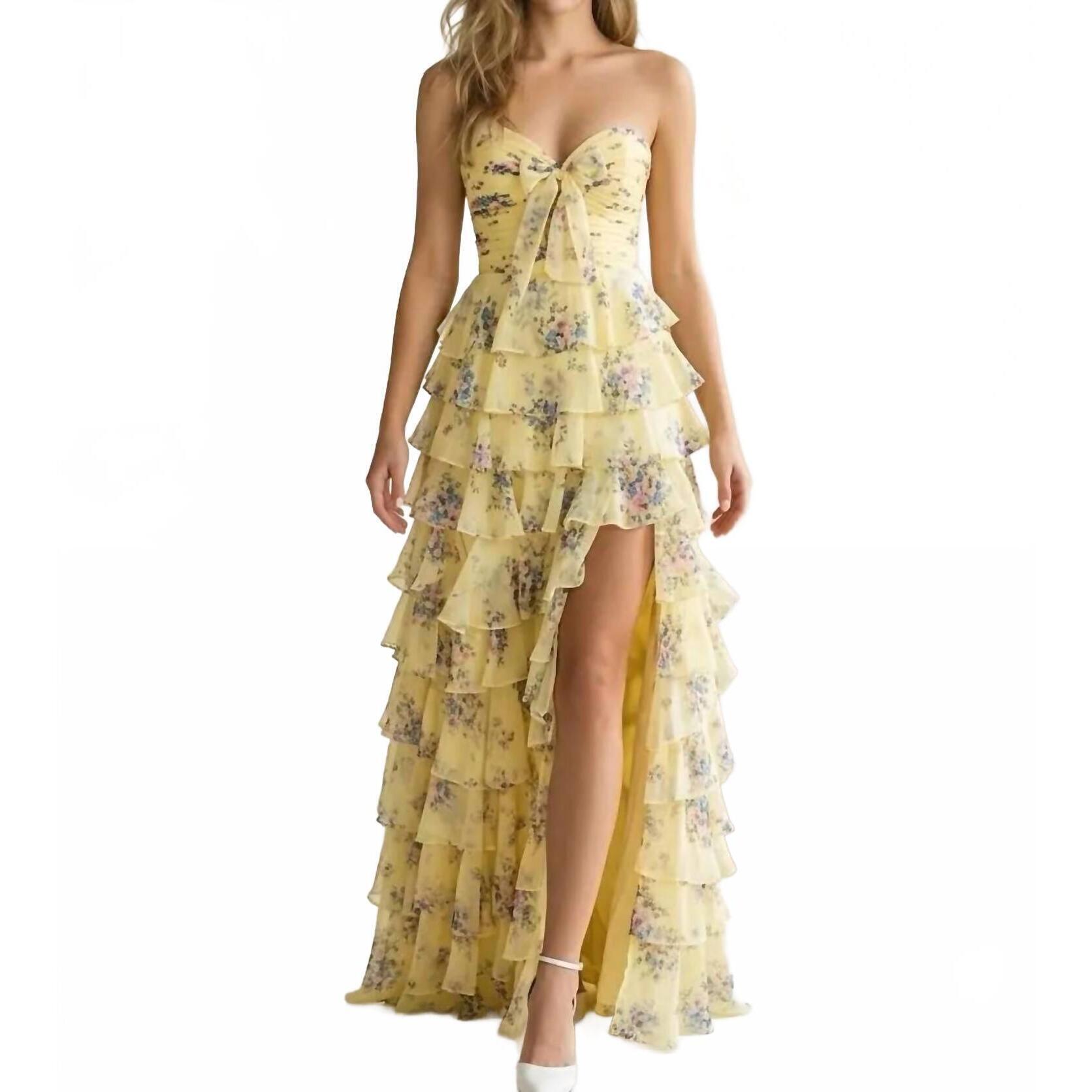 New Couture Lee Floral Chiffon A-Line Prom Dress In Yellow